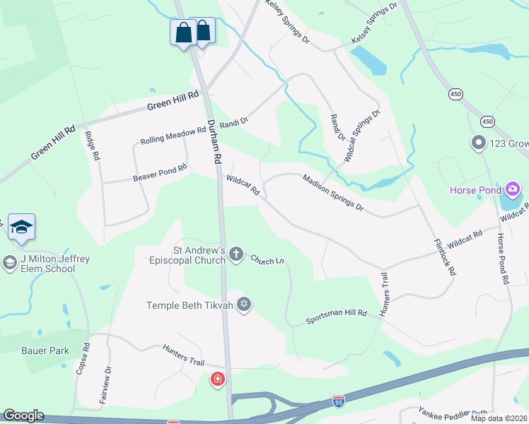 map of restaurants, bars, coffee shops, grocery stores, and more near 93 Madison Springs Drive in Madison