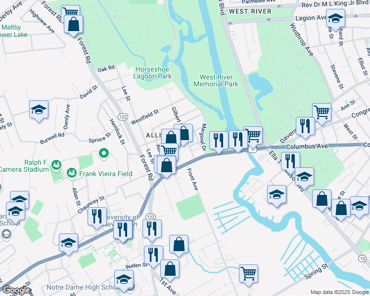 map of restaurants, bars, coffee shops, grocery stores, and more near 47 Gilbert Street in West Haven