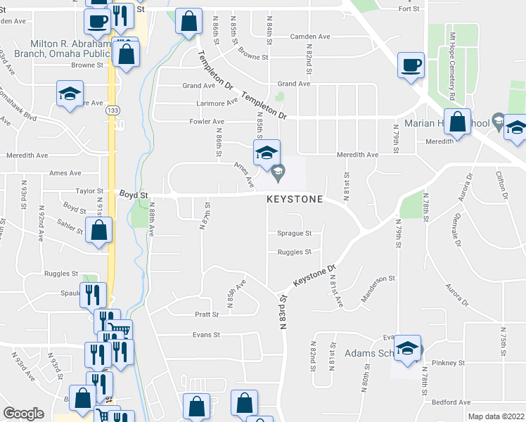 map of restaurants, bars, coffee shops, grocery stores, and more near 4214 North 84th Street in Omaha