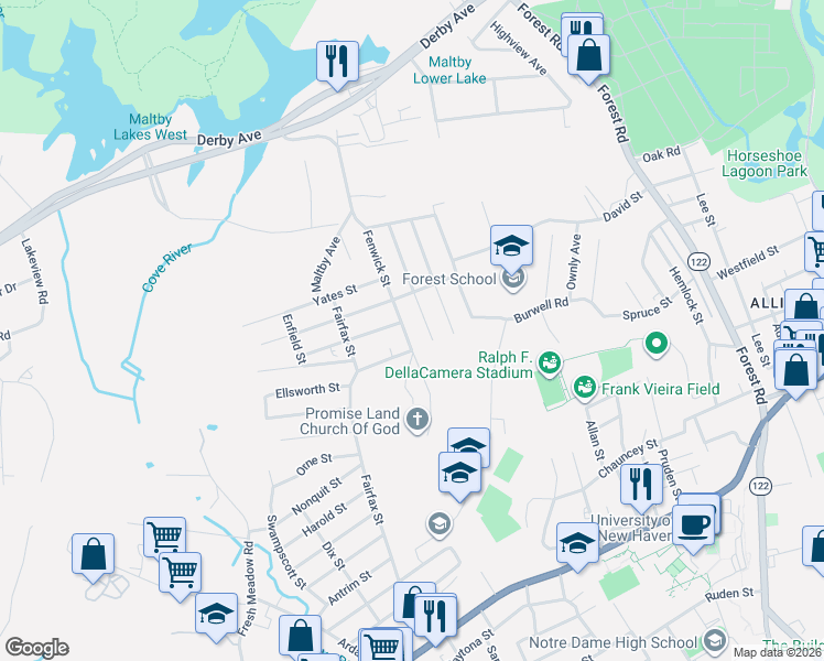 map of restaurants, bars, coffee shops, grocery stores, and more near 25 Enright Street in West Haven