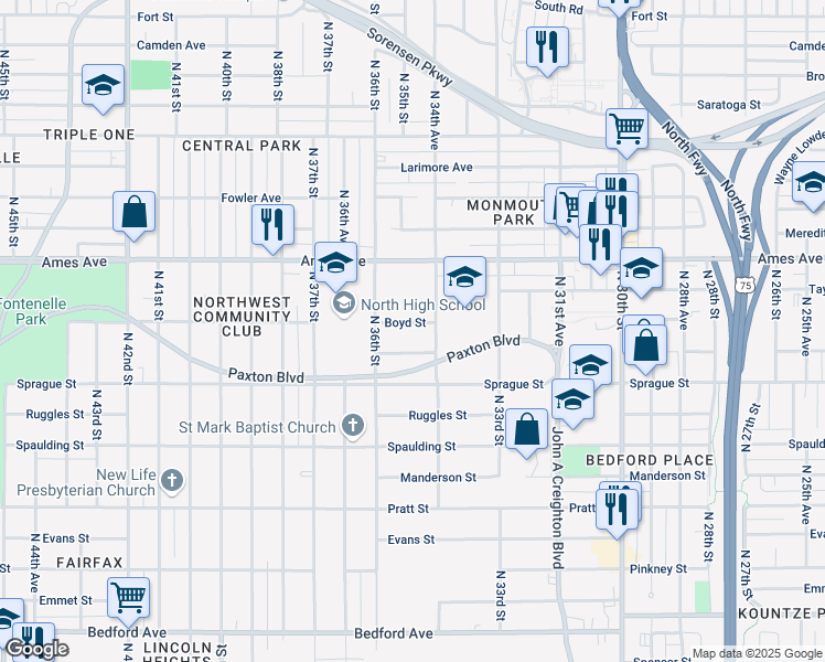 map of restaurants, bars, coffee shops, grocery stores, and more near 3404 Boyd Street in Omaha