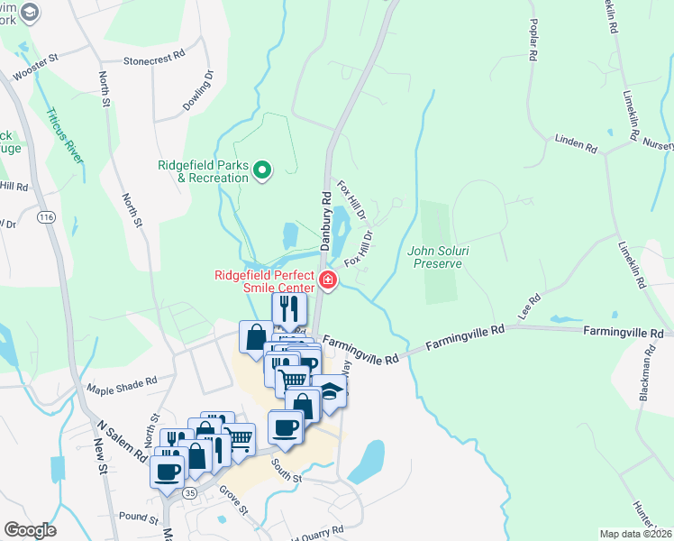 map of restaurants, bars, coffee shops, grocery stores, and more near 5 Apple Lane in Ridgefield