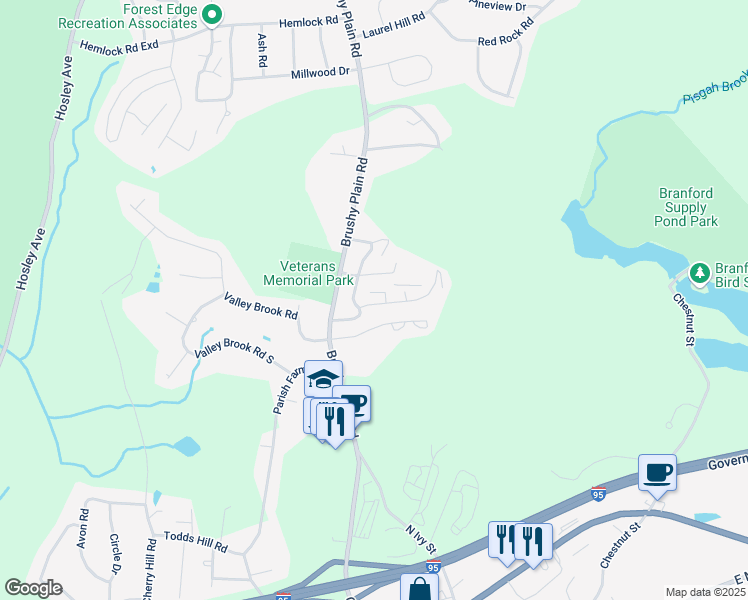 map of restaurants, bars, coffee shops, grocery stores, and more near 54 Bay Path Way in Branford