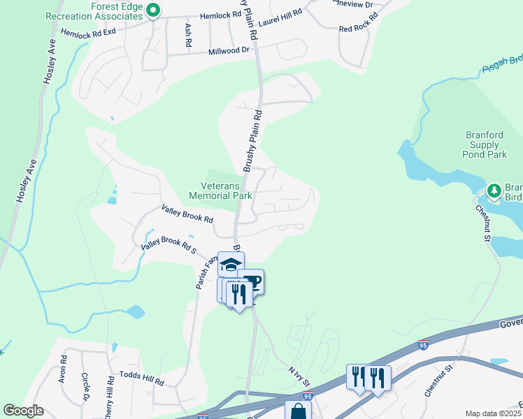 map of restaurants, bars, coffee shops, grocery stores, and more near 54 Bay Path Way in Branford