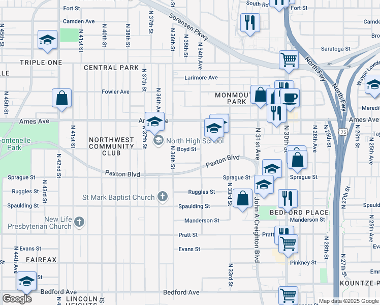 map of restaurants, bars, coffee shops, grocery stores, and more near 3404 Boyd Street in Omaha