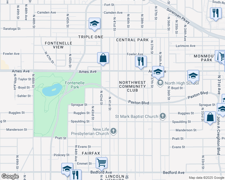 map of restaurants, bars, coffee shops, grocery stores, and more near 4307 North 41st Street in Omaha