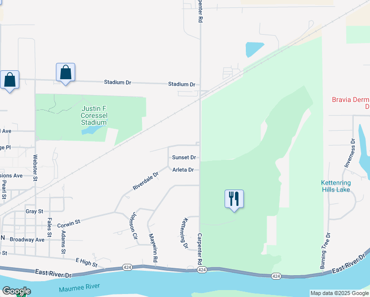 map of restaurants, bars, coffee shops, grocery stores, and more near 339 Northwood Drive in Defiance