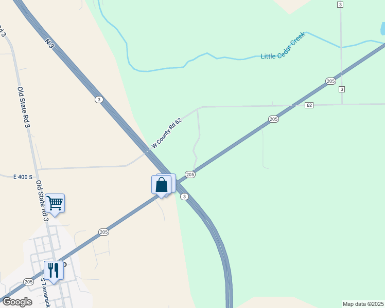 map of restaurants, bars, coffee shops, grocery stores, and more near 6422 Indiana 205 in Laotto