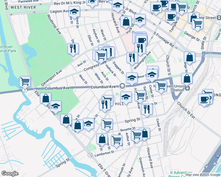 map of restaurants, bars, coffee shops, grocery stores, and more near 5 Arch Street in New Haven
