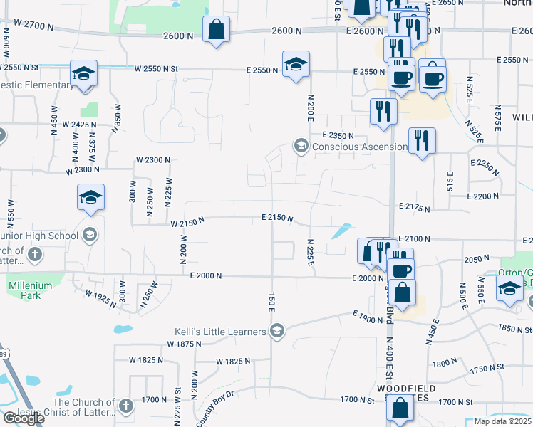 map of restaurants, bars, coffee shops, grocery stores, and more near 140 2150 North in North Ogden