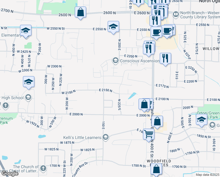 map of restaurants, bars, coffee shops, grocery stores, and more near 186 East 2150 North in North Ogden