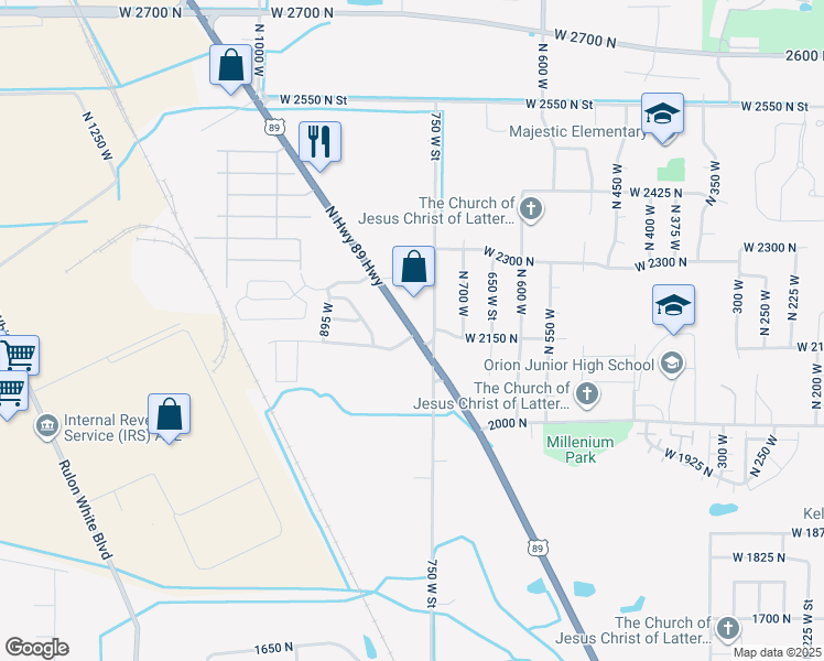 map of restaurants, bars, coffee shops, grocery stores, and more near 2223 North Highway 89 Highway in Harrisville