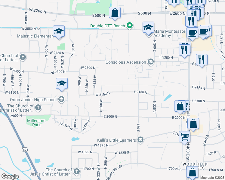 map of restaurants, bars, coffee shops, grocery stores, and more near 142 2150 North in Harrisville