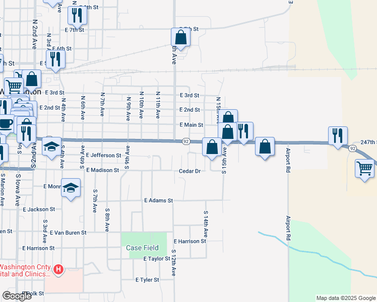 map of restaurants, bars, coffee shops, grocery stores, and more near 1307 East Washington Street in Washington