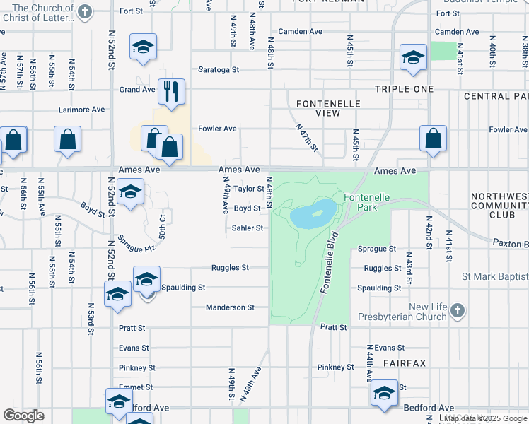 map of restaurants, bars, coffee shops, grocery stores, and more near 4816 Boyd Street in Omaha