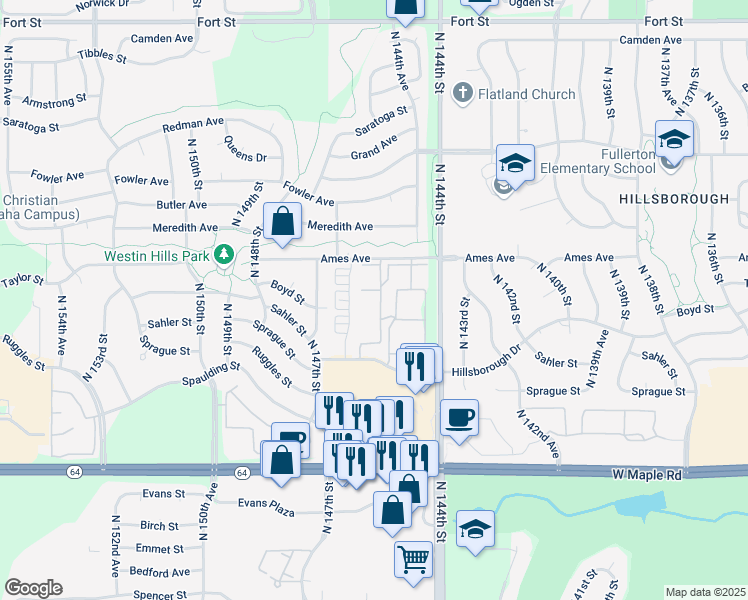 map of restaurants, bars, coffee shops, grocery stores, and more near 4214 North 146th Plaza in Omaha