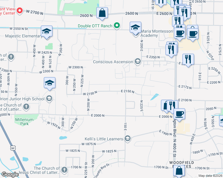 map of restaurants, bars, coffee shops, grocery stores, and more near 92 West 2150 North in Harrisville