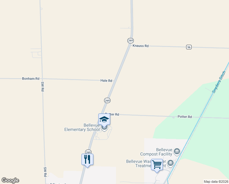 map of restaurants, bars, coffee shops, grocery stores, and more near 11002 Ohio 269 in Bellevue