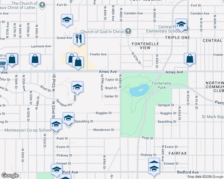 map of restaurants, bars, coffee shops, grocery stores, and more near 4816 Boyd Street in Omaha