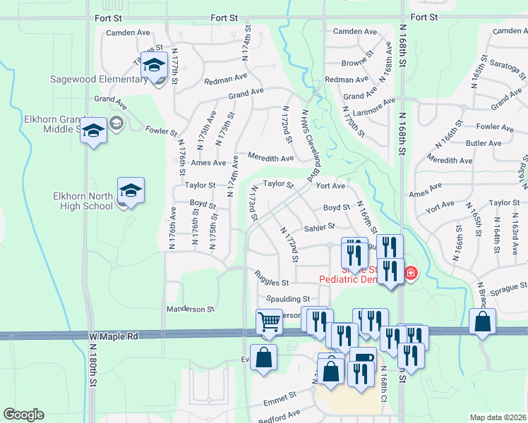 map of restaurants, bars, coffee shops, grocery stores, and more near 4310 South 172nd Avenue in Omaha
