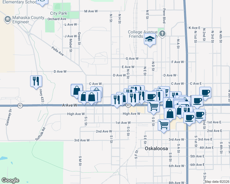 map of restaurants, bars, coffee shops, grocery stores, and more near 911 B Avenue West in Oskaloosa