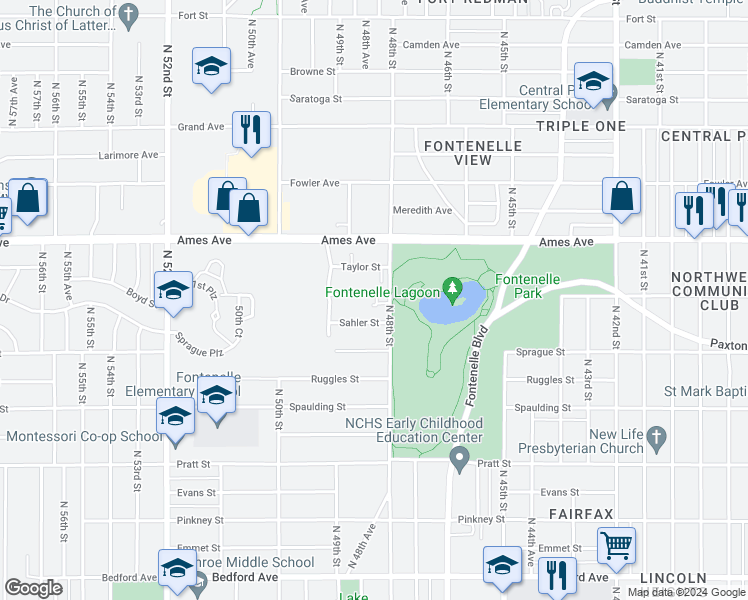 map of restaurants, bars, coffee shops, grocery stores, and more near 4813 Boyd Street in Omaha