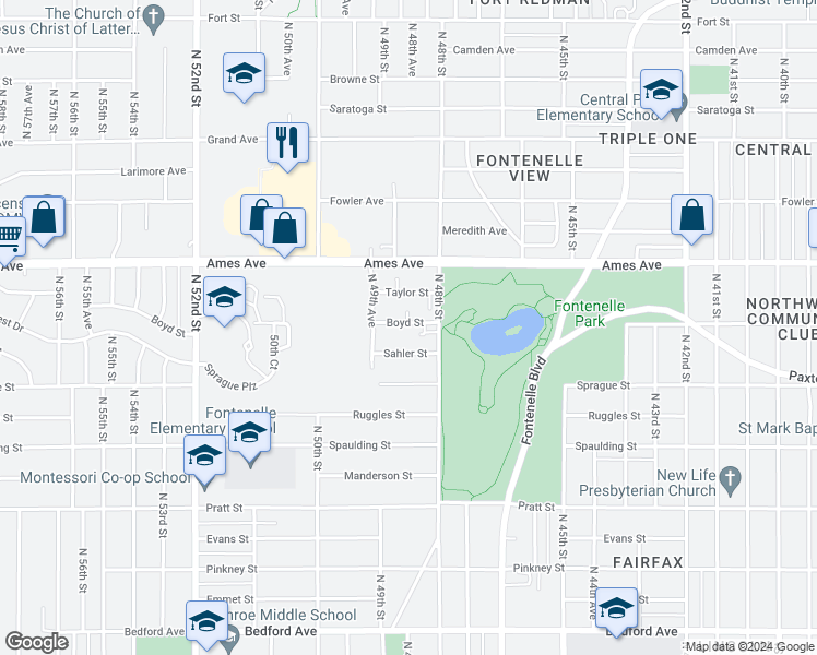 map of restaurants, bars, coffee shops, grocery stores, and more near 4821 Boyd Street in Omaha