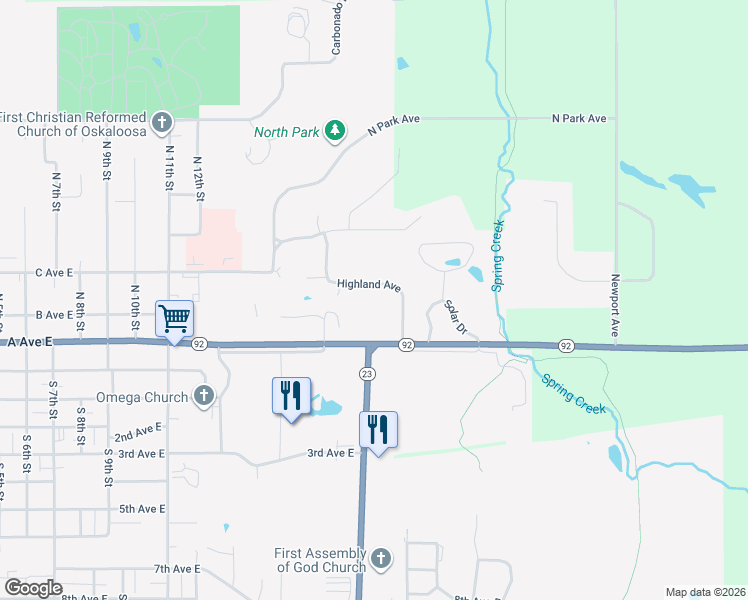map of restaurants, bars, coffee shops, grocery stores, and more near 152 Highland Avenue in Oskaloosa