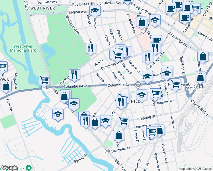 map of restaurants, bars, coffee shops, grocery stores, and more near Columbus Avenue & West Street in New Haven