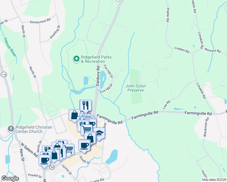 map of restaurants, bars, coffee shops, grocery stores, and more near 5 Apricot Lane in Ridgefield