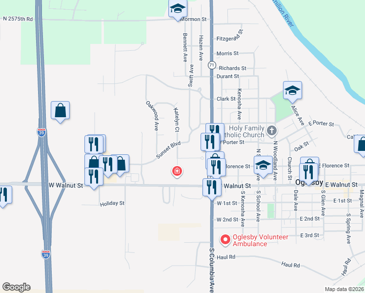 map of restaurants, bars, coffee shops, grocery stores, and more near 336 Sunset Boulevard in Oglesby