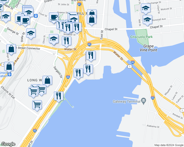 map of restaurants, bars, coffee shops, grocery stores, and more near 555 Long Wharf Drive in New Haven