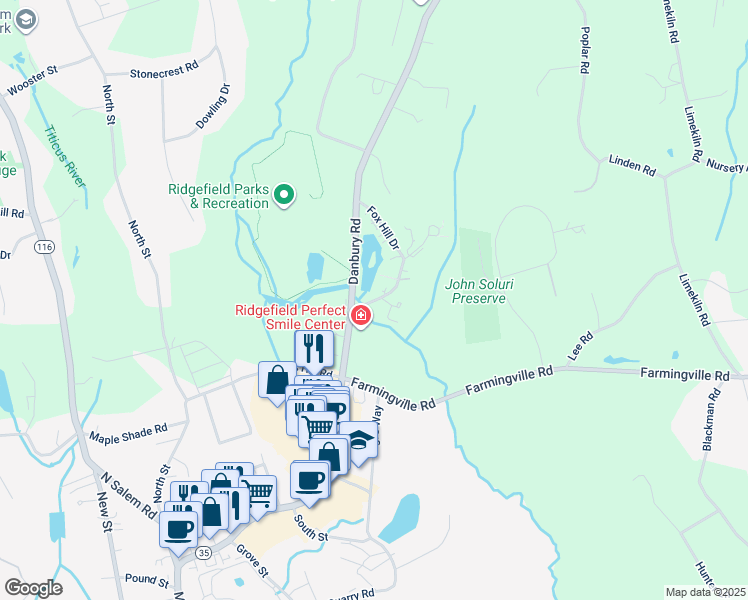 map of restaurants, bars, coffee shops, grocery stores, and more near 2 Apple Lane in Ridgefield
