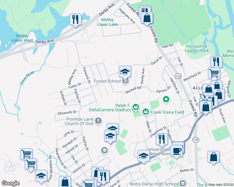 map of restaurants, bars, coffee shops, grocery stores, and more near 6 Sycaway Street in West Haven