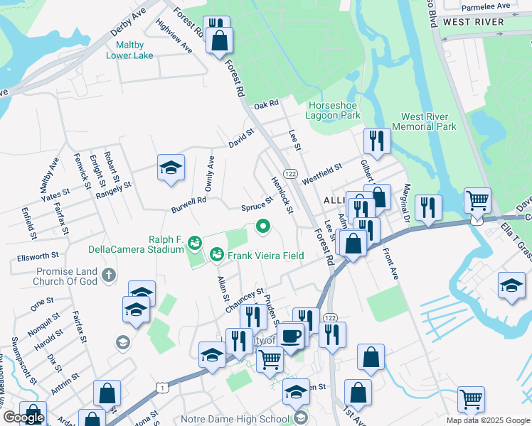map of restaurants, bars, coffee shops, grocery stores, and more near 58 Spruce Street in West Haven