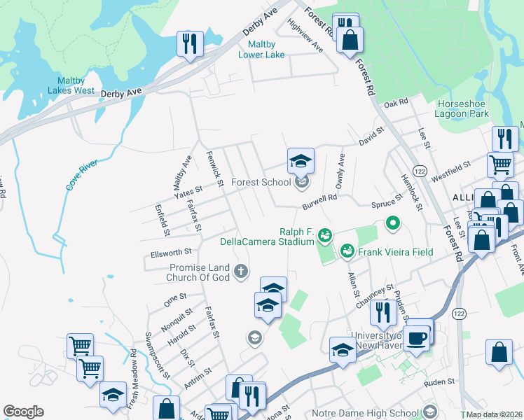 map of restaurants, bars, coffee shops, grocery stores, and more near 15 Robart Street in West Haven