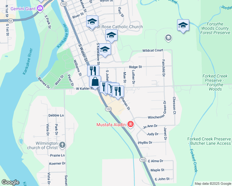 map of restaurants, bars, coffee shops, grocery stores, and more near 912 Mae Street in Wilmington