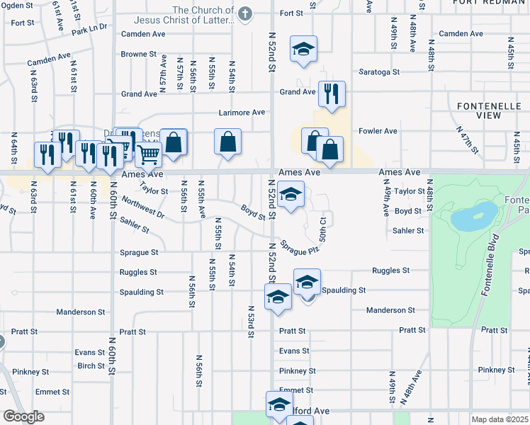 map of restaurants, bars, coffee shops, grocery stores, and more near 4310 North 52nd Street in Omaha