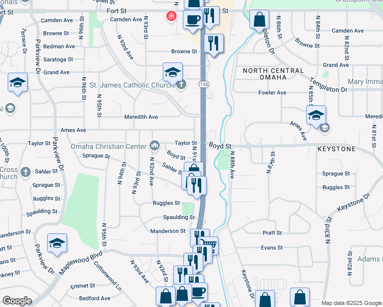 map of restaurants, bars, coffee shops, grocery stores, and more near 9123 Taylor Street in Omaha