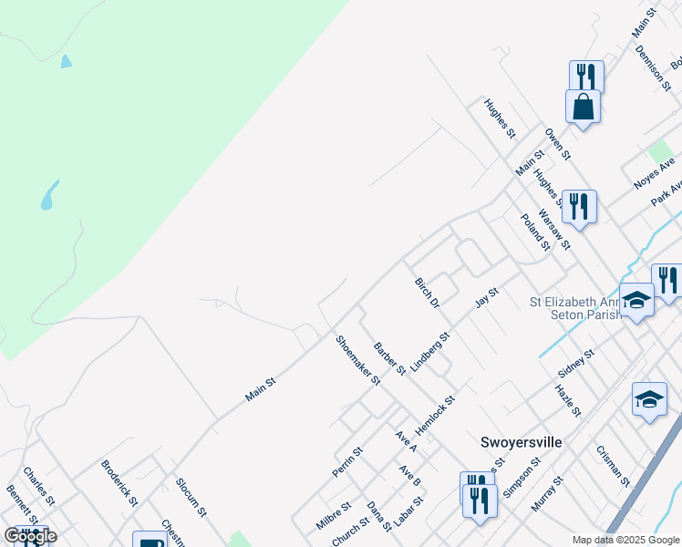 map of restaurants, bars, coffee shops, grocery stores, and more near 18 Grandville Dr in Swoyersville