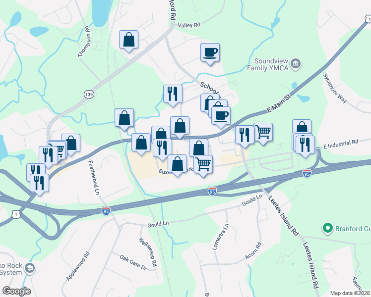 map of restaurants, bars, coffee shops, grocery stores, and more near 525 East Main Street in Branford