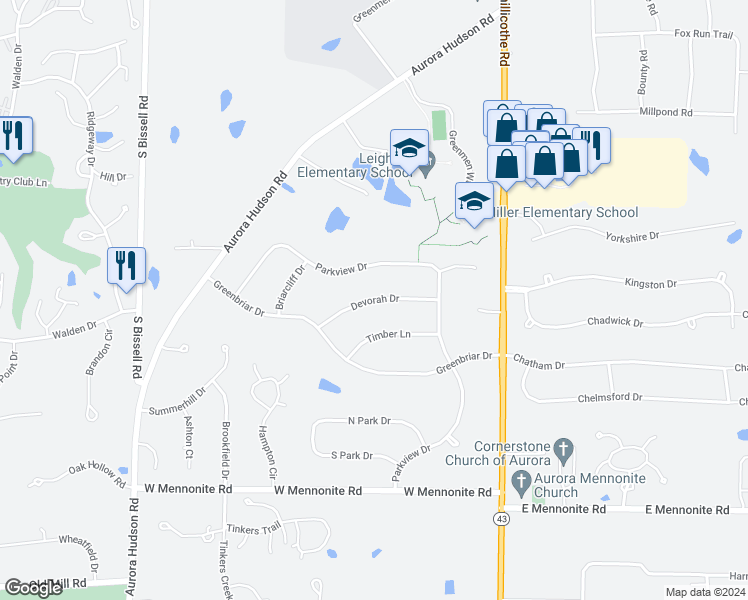 map of restaurants, bars, coffee shops, grocery stores, and more near 143 Devorah Drive in Aurora