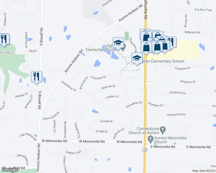 map of restaurants, bars, coffee shops, grocery stores, and more near Devorah Drive in Aurora