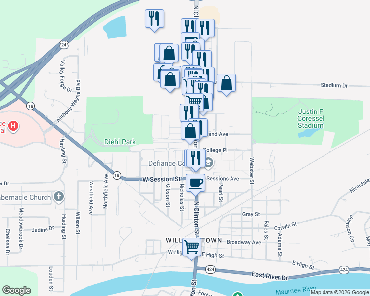 map of restaurants, bars, coffee shops, grocery stores, and more near 125 Carter Avenue in Defiance
