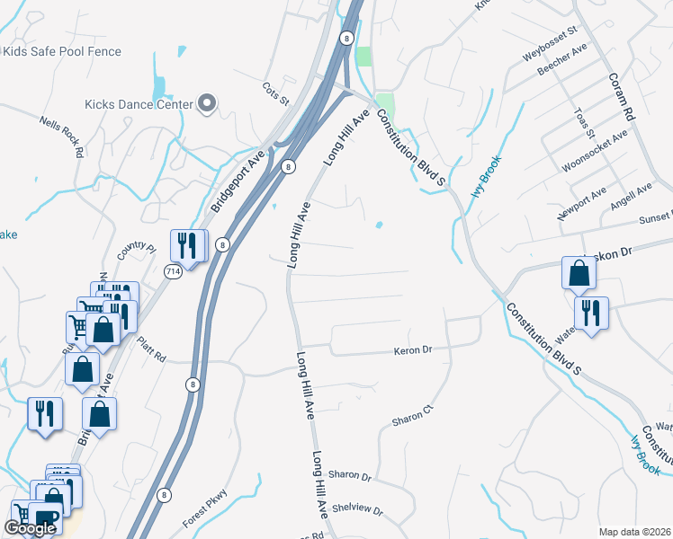map of restaurants, bars, coffee shops, grocery stores, and more near 18 Sylvan Drive in Shelton