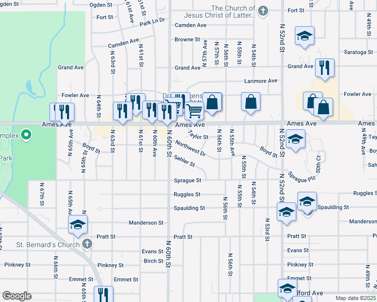 map of restaurants, bars, coffee shops, grocery stores, and more near 5821 Northwest Dr in Omaha
