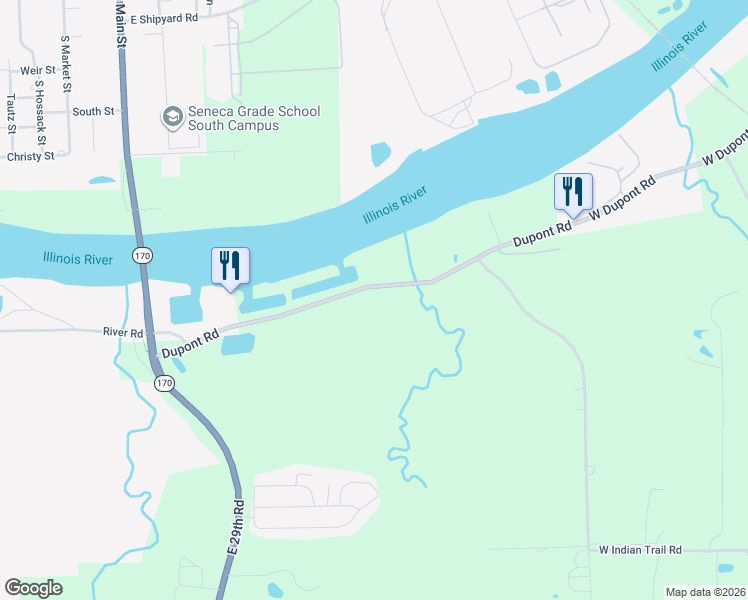 map of restaurants, bars, coffee shops, grocery stores, and more near 2950 North 2553rd Road in Seneca