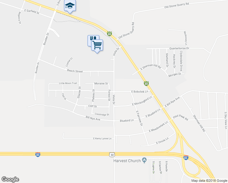 map of restaurants, bars, coffee shops, grocery stores, and more near 4501 East Bobolink Lane in Laramie