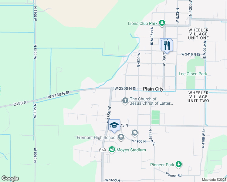 map of restaurants, bars, coffee shops, grocery stores, and more near 2180 North 4650 West in Plain City