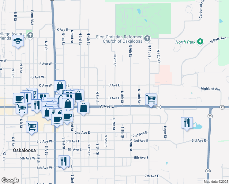 map of restaurants, bars, coffee shops, grocery stores, and more near 715 B Avenue East in Oskaloosa